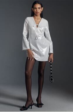 Anthropologie NWT Long Sleeve V-Neck Silver Metallic Mini Dress XS
